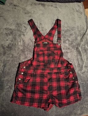 HT Denim Red Plaid Shortalls L